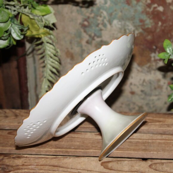 VTG Shabby Chic French Gold Trimmed Pink Floral Cake Plate Pastry Stand Riser - Picture 4 of 8